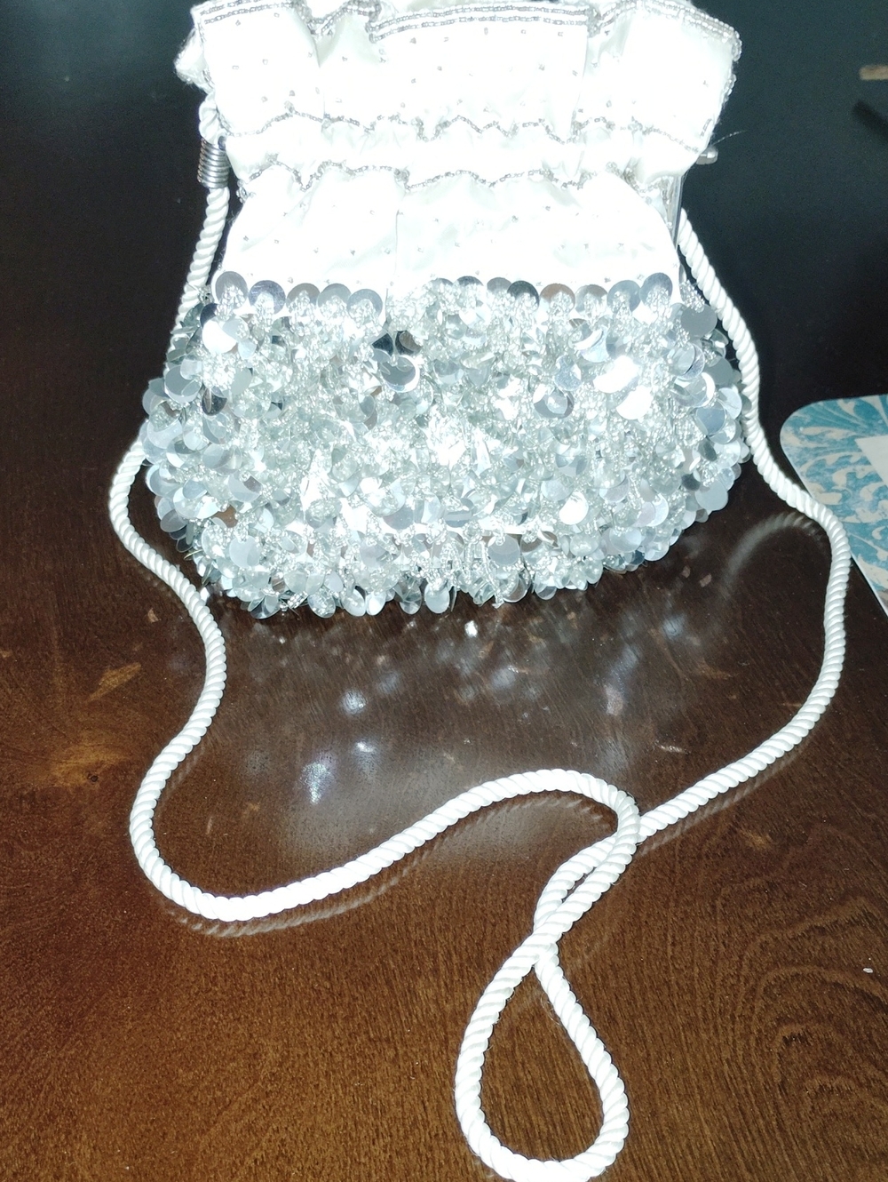Nina Ricci Paris,Sequin & Bead White Drawstring Wristlet